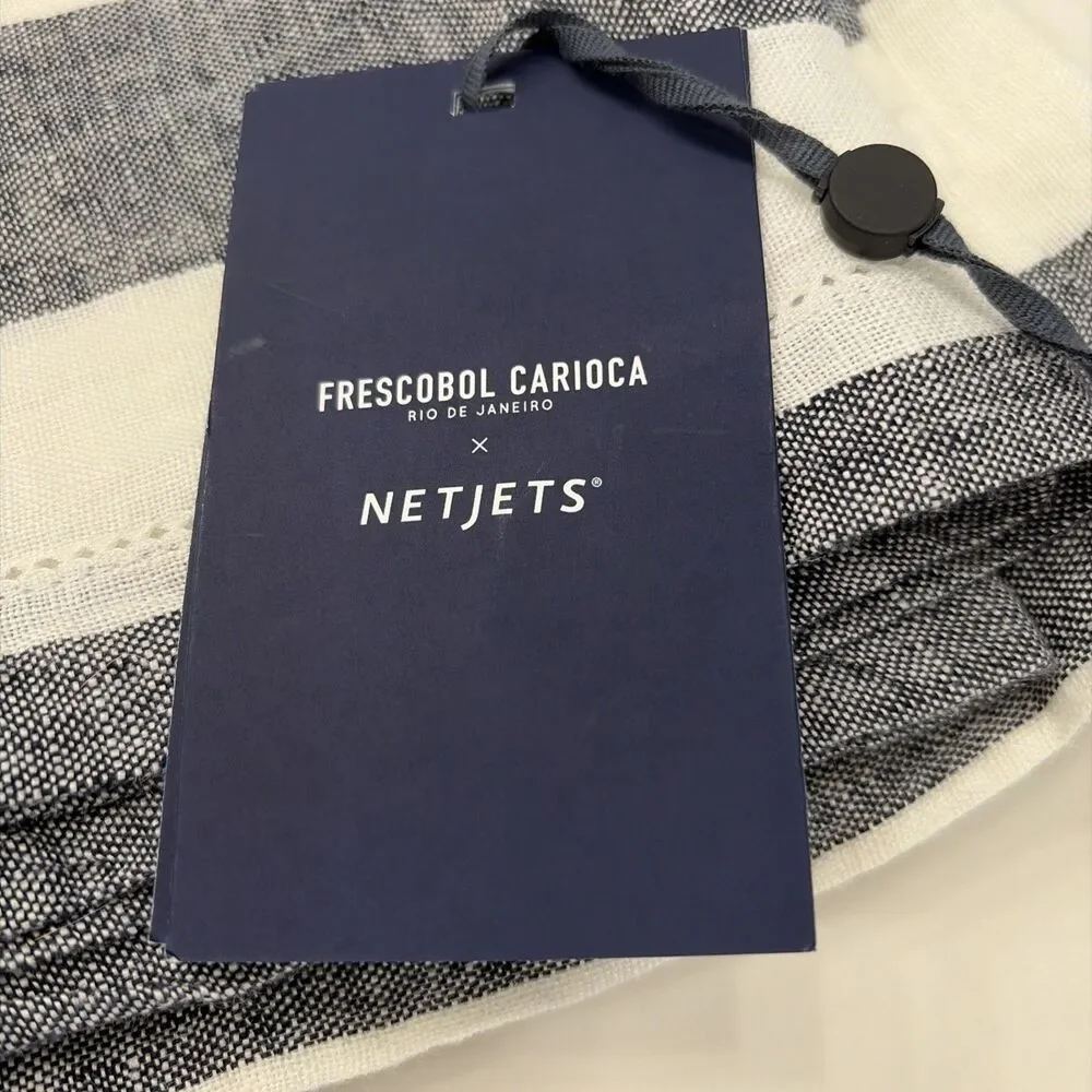 NWT Frescobol Carioca 100% Linen Beach Towel Midnight Blue Striped- Netjets EXC!